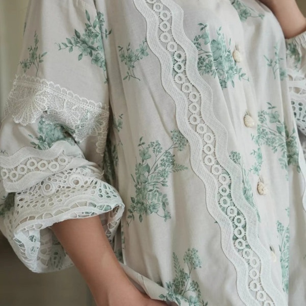 Teal Floral Lace Trim Top and Pants Set coord set of 2 cotton - Picture 6 of 6